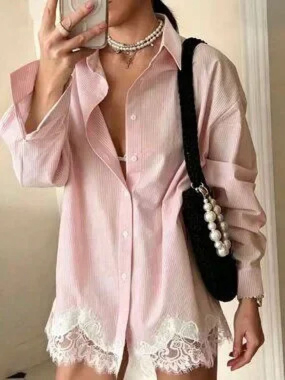 ZARA Pink Casual Women's Loose Striped Lace lace detailed Blouse Shirt